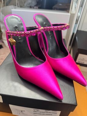 Versace Hot Pink Jeweled Satin Pointed-Toe Mules